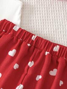 Genkimix Kids Young Girls White Knit Ribbed Letter Print Crew Neck Sleeveless Pullover Top + Denim Blue Heart Print Skort Set, 2 Pieces, Suitable For Outings, Spring/Summer Style For 4-7 Year Old Girls, Party And Gathering - Red - View 8