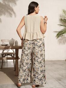 SHEIN LUNE 大码女装两件套：花卉装饰背心和阔腿花卉印花裤，休闲款 - 卡其色 - 查看 4
