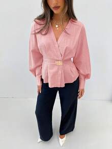 Siren Gaze Women's Lapel Long Sleeve Waist-Cinched Metal Buckle Decor Pink Shirt For Commute And Daily Wear - Pink - View 6