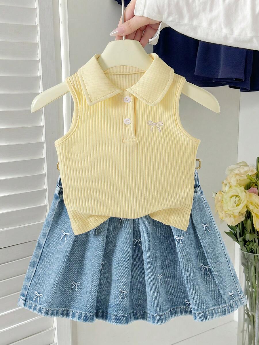 Genkimix Kids 少女 Polo 裙套裝 夏季新品 可愛甜美風 黃色羅紋針織無袖上衣 搭配粉色蝴蝶結刺繡 淺藍色牛仔百褶裙 鬆緊腰 柔軟舒適 休閒日常上學度假旅行穿搭