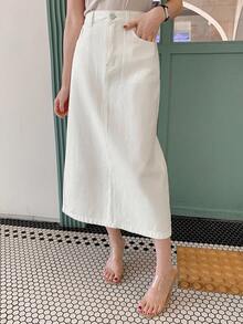 DAZY Solid Color Slit Pocket Women Straight Long Casual Denim Skirt Jeans Skirt - White - View 9
