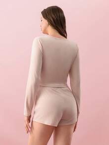 Bonmuse 两件套女士圆领长袖上衣+松紧腰短裤睡衣套装 - 藕粉色 - 查看 3