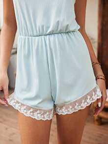 Lullawish Bohemian Vacation Style Sexy Romantic Embroidered Lace Patchwork Camisole Women's Pajama Jumpsuit - Baby Blue - View 5
