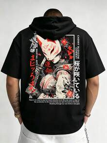 Resyla Men 女款短袖連帽T恤，背面印有圖案與字母圖案 - 黑色 - 查看 4