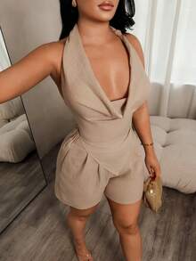SHEIN SXY Ensemble de short sexy dos nu col bénitier pour femmes, nouveau pour l'été - Kaki - Voir 7