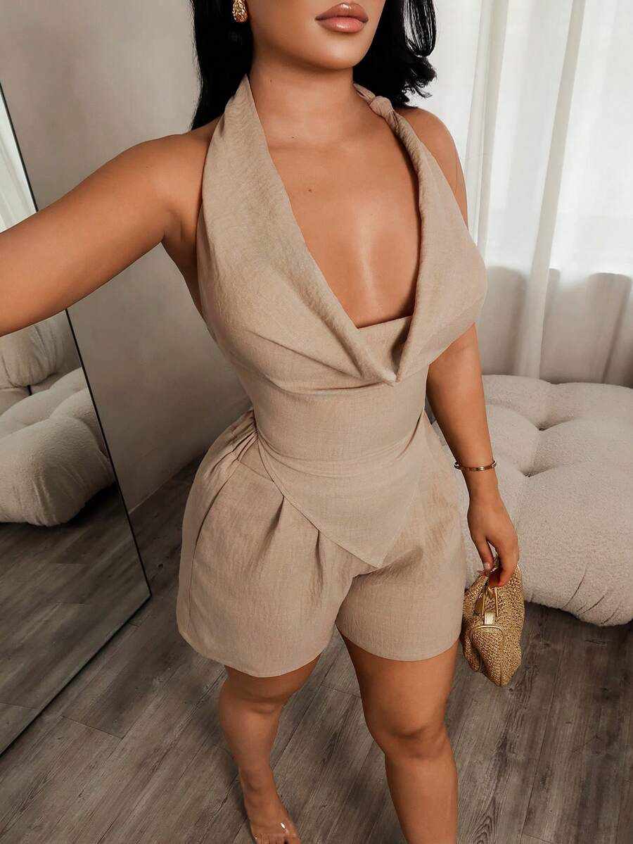 SHEIN SXY 女款夏季新款垂領性感露背短褲套裝