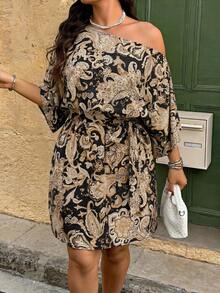 Weeklong Women's Plus Size Spring/Summer Vacation Asymmetrical Shoulder Waist-Cinched Solid Color Large Floral Print Short Dress - Multicolor - View 5