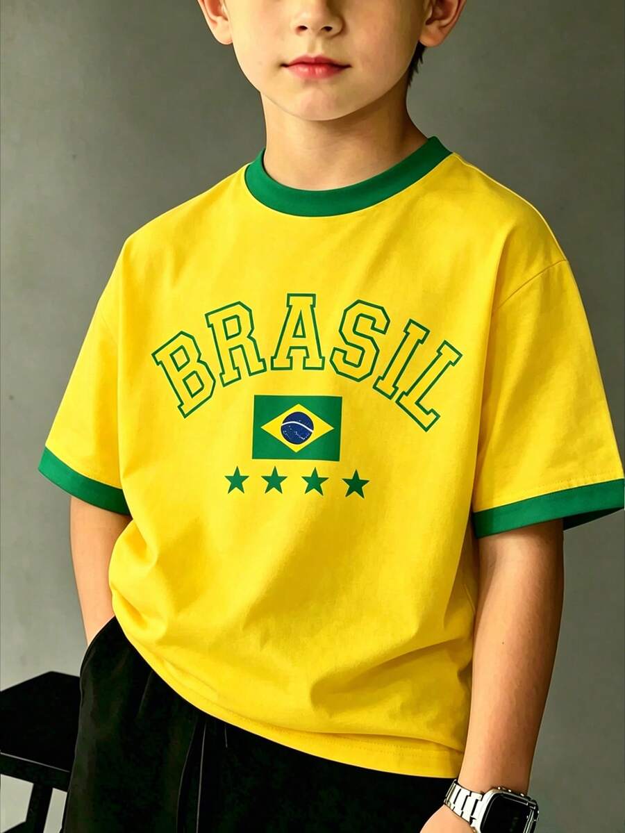 SHEIN [1件]青少年男孩巴西風黃綠配色 BRASIL 印花短袖T恤，休閒運動風，適合夏季/春秋 - 彩色 - 查看 1