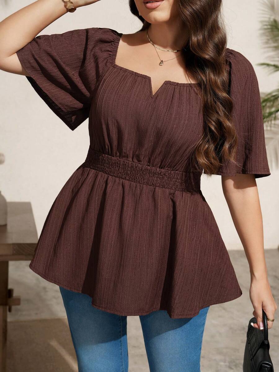 SHEIN LUNE Off-Shoulder Square Neck 2-Way Wear Flowy Hem Plus Size Blouse - Brown - View 1