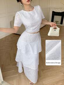 Modelyn Spring/Summer Hollow Embroidery Short Sleeve Round Neck Cropped Top Layered Cake Long Skirt 2 Pieces Set Vacation White Elegant - White - View 7