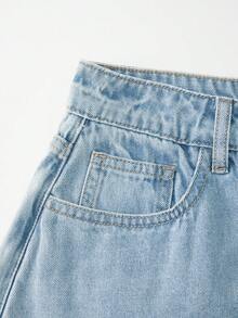 SHEIN Tall 女款鈕扣設計不對稱下擺休閒牛仔裙褲 - 淺色水洗藍 - 查看 5