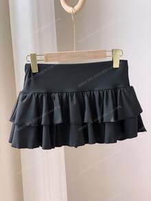 Comfortcana Chân váy mini nữ cạp thấp, màu trơn, nhiều lớp bèo nhún ở gấu - màu đen - Xem 2
