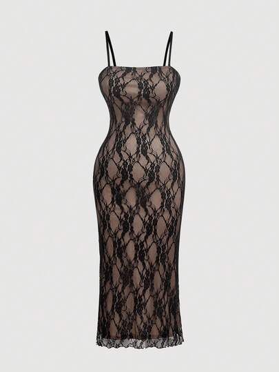 SHEIN MOD Plus Size Lace Cami Dress, Elegant, Colorblock, Romantic