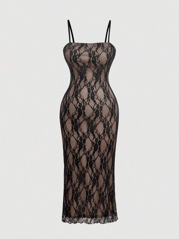 SHEIN MOD Plus Size Lace Cami Dress, Elegant, Colorblock, Romantic