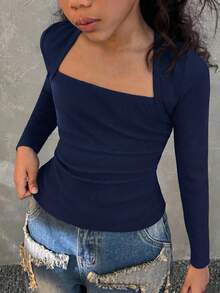 Coolane Tween Girls Fall Fashionable Snug Fit T-Shirt With Raglan Sleeves, U-Neck, Ruched Waist, Stretchy - Navy Blue - View 6