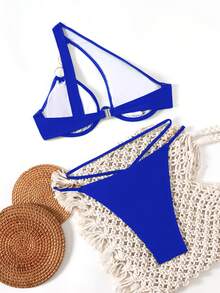 Swim SXY Women's Solid Color Metal Chain Asymmetric Neckline Bikini Set One Shoulder Bikini Sexy Swimwear Swimsuits Blue - Royal Blue - View 2