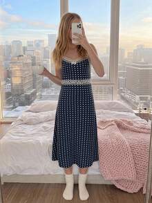 DAZY Tween Girl Summer Beach Vacation Style Polka Dot Print Contrast Lace Camisole Nightgown - Black - View 4