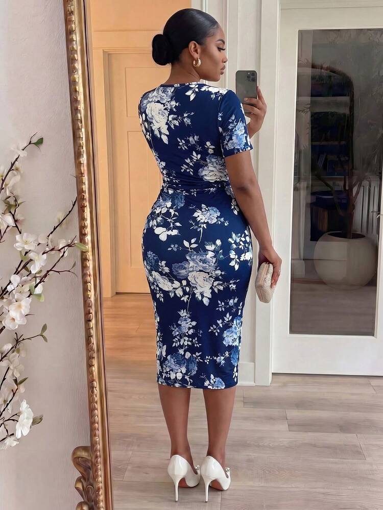 shein navy blue dress Lady CURVE New Arrival Plus Size Women Fitted Floral Print V Neck Midi Office Style:Ariel Wig Sleeve Length Evening & Cocktail Dresses White linen Strapless A-Line