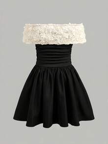 Firerie Kids Firerie Kids Tween Girl Spring/Summer Casual Elegant Patchwork Ruffle Hem Off-Shoulder Maxi Dress, Party Dress, Floral Lace Mesh Patchwork Dress - Black - View 2