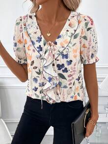SHEIN Clasi Women's Petal Sleeve Polka Dot Contrast Trim Ruffle Collar Elegant Blouse - Multicolor - View 4