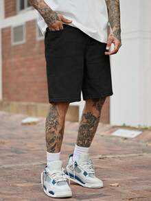 Devon Thys Men's Loose Casual Pocketed Wide Leg Denim Shorts Jorts - Black - View 2