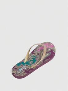 Grefit Woman Shoes Retro Paisley Pattern Toe Post Flip-Flops, Fashion Outdoor PVC Brown Flip Flops For Summer Vacation Beach Shoes - Brown - View 5