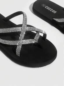 Grefit Sandales décorées de strass noirs à la mode pour les femmes, chaussures de vacances, d'été, chaussures de rentrée scolaire, chaussures d'étudiante, chaussures de Noël, d'automne et du Nouvel An - Noir - Voir 5