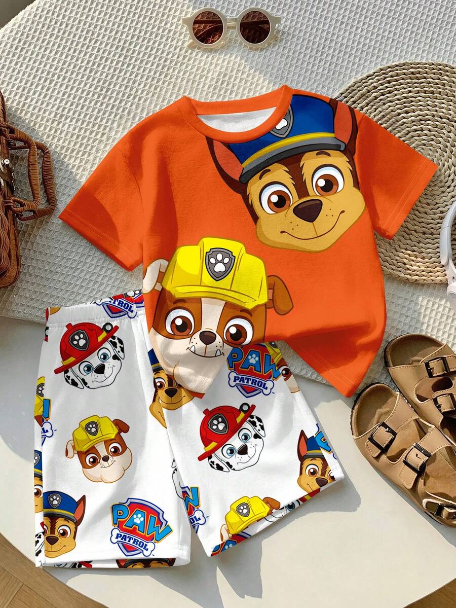 SHEIN | PAW Patrol Setelan 2 potong kaos lengan pendek dan celana pendek berkerah bulat motif kartun lucu klasik untuk anak laki-laki, kasual, sederhana, longgar, nyaman, dan imut, cocok untuk musim semi dan musim panas. - MultiWarna - View 1