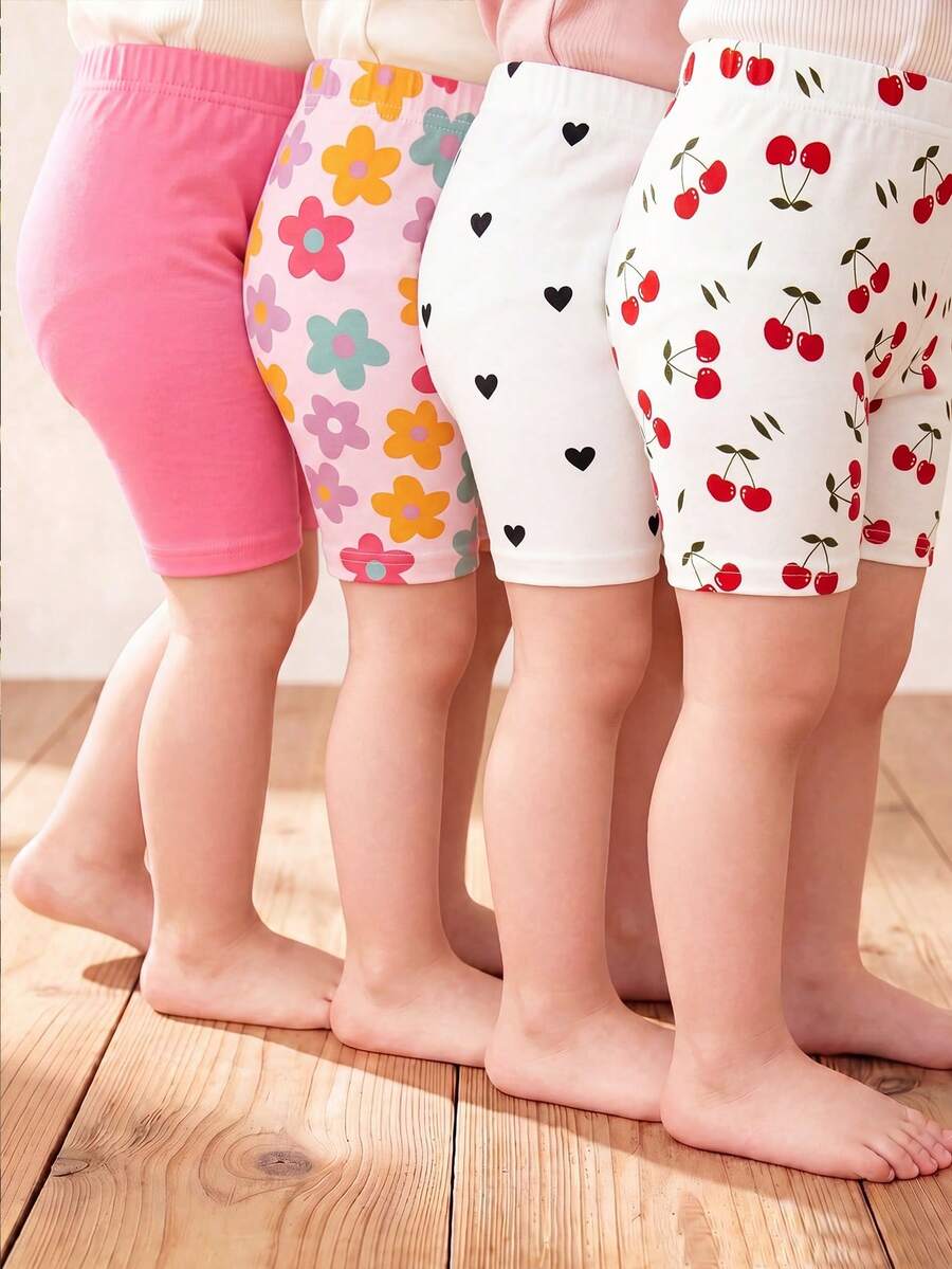 SHEIN Playful Pals 4件套女童/幼儿柔软可爱韩版简约百搭印花短裤,包含纯色、花卉、爱心、樱桃图案,轻盈弹力面料,适合春、夏、秋季日常穿着、外出及叠穿。 - 彩色 - 查看 1