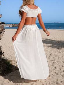 Swim Vcay Conjunto de 2 piezas de cobertura de playa elegante y casual para vacaciones 2026, nuevo para mujer, blanco, con hombros descubiertos, encaje, con lazo y corto - Blanco - Ver 3
