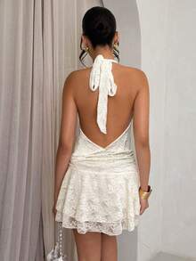 Glamine Elegant Cream White Lace Halter Neck Dress,Summer Holiday Vacation Women Cross V-Neck Waist- A-Line Backless Ruched Short Mini Dress,Holiday - White - View 2