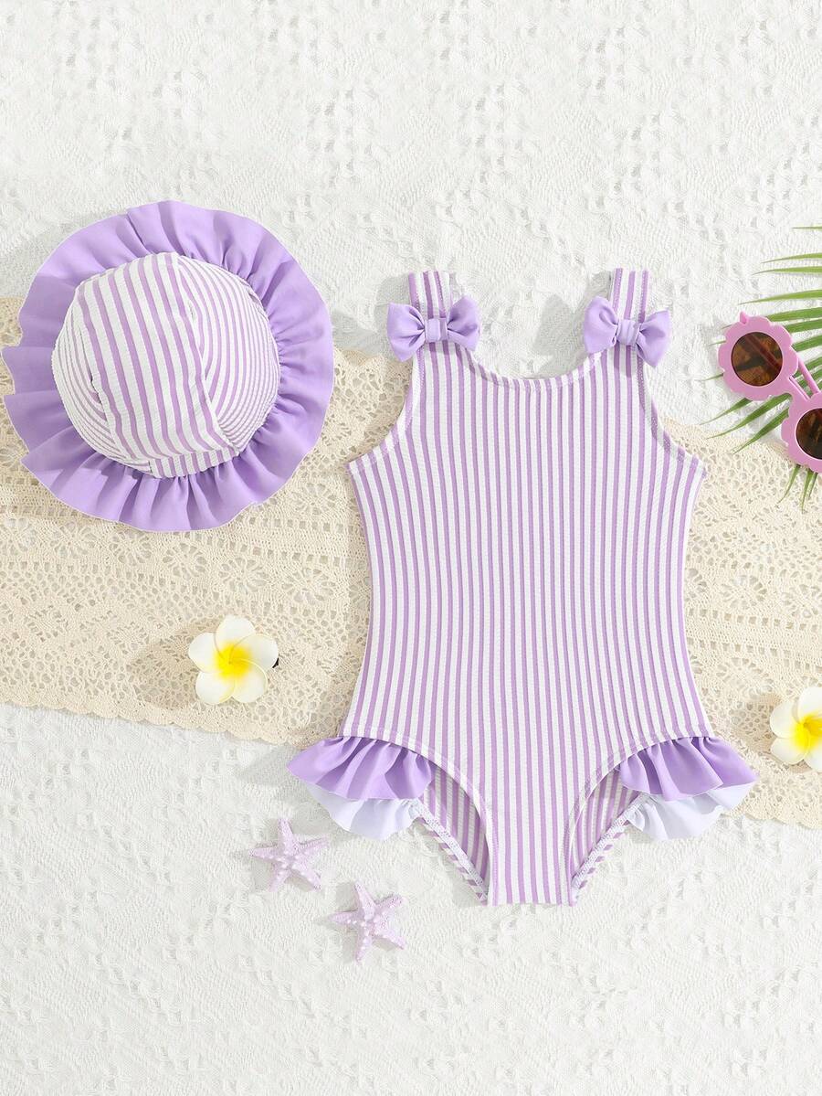 SHEIN Bañador de tirantes con volantes y lazo decorativo con estampado a rayas para niña bebé - Púrpura malva - Ver 1