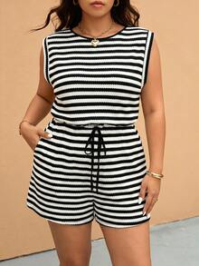 Elaquor Plus Size Women's Sleeveless Striped Drawstring Jumpsuit - Black and White - View 7