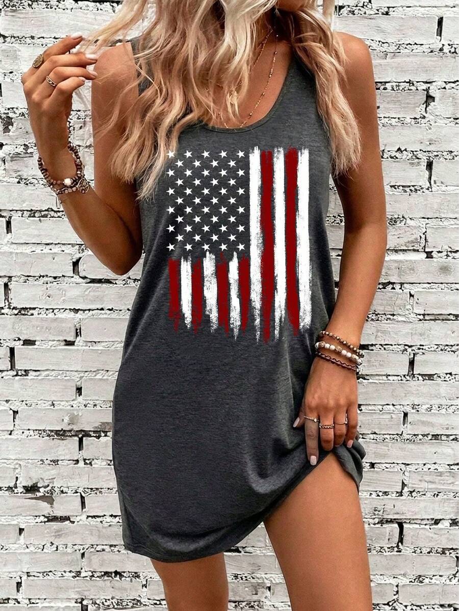 Comfylo Gaun Tanpa Lengan Minimalis Kasual Ukuran Besar Motif Bendera Amerika untuk Hari Kemerdekaan, Leher Bulat, Cocok untuk Liburan Formal Musim Panas