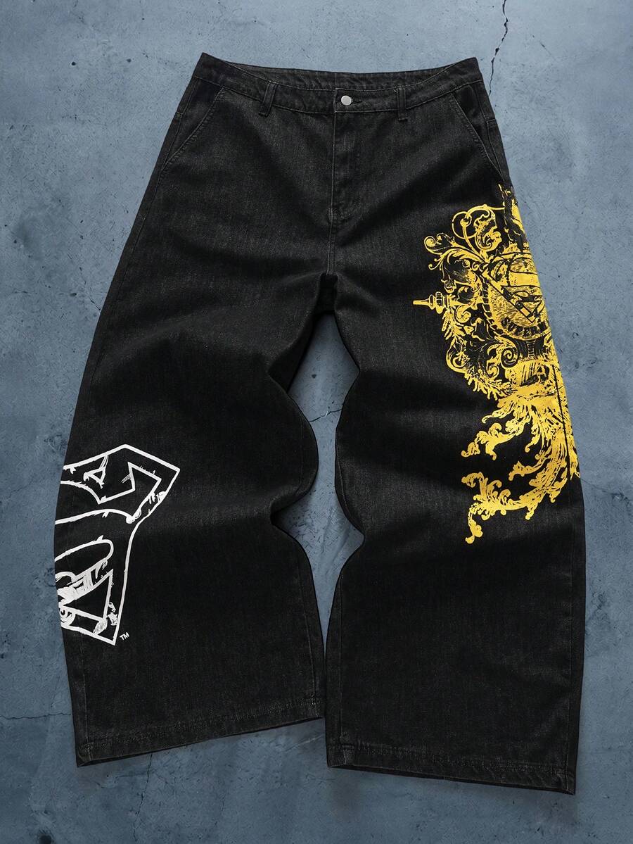 SUPERMAN X SHEIN Men's Vintage Print Casual Loose Fit Jeans - Black - View 1
