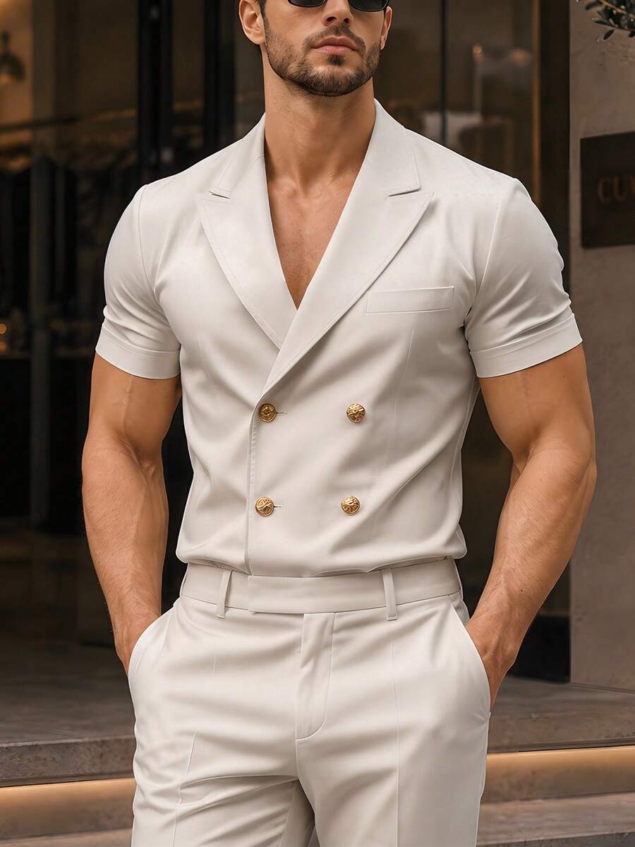 Manfinity Mode Blazer de manga corta minimalista de moda de unicolor para hombre, ceremonia - Albaricoque - Ver 1