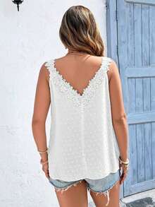 Linhara Plus Size Black Jacquard Polka Dot Deep V Lace Trim Backless Casual Vacation Camisole - White - View 2