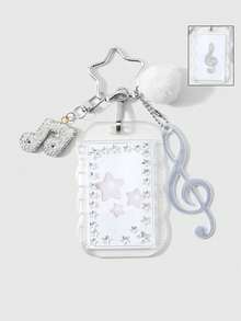 ROMWE Kawaii 1 Funda de tarjeta con símbolo de sonido de bola de pelo blanca exquisita, brillante y suave, de cerámica con strass, pegatina de strass 'Send Stars', llavero colgante para bolso - Transparente-174 - Ver 1