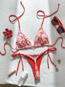 Swim Mod Women's Summer Jacquard Fabric Halter Neck Metal Decor Sexy Bikini Set - Red and White - View 1