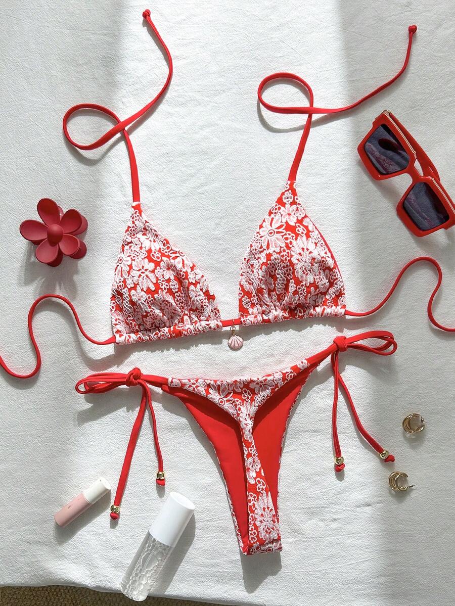 Swim Mod Women's Summer Jacquard Fabric Halter Neck Metal Decor Sexy Bikini Set - Red and White - View 1