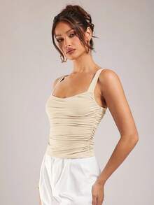 Silquee Women's Solid Color Fashion Pleated Tank Top For Dating And Daily Outings - Khaki - View 6