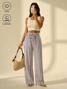 SHEIN Tall 女款休閒條紋直筒長褲，適合度假穿著 - 彩色 - 查看 7