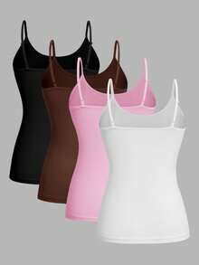 SHEIN EZwear 4件裝休閒簡約細肩帶貼身背心上衣女款，適合夏季 - 彩色 - 查看 2