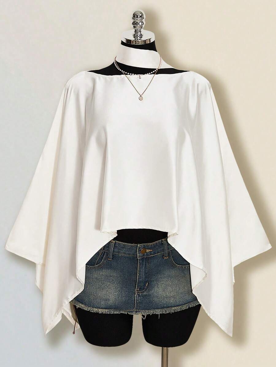 SHEIN ICON 夏季女款婚禮賓客緞面純色休閒百搭日常外出上衣 - 米色 - 查看 1