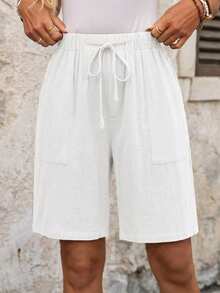 EMERY ROSE Women's Versatile Casual Solid Color Drawstring Waist Pocket Shorts - White - View 7