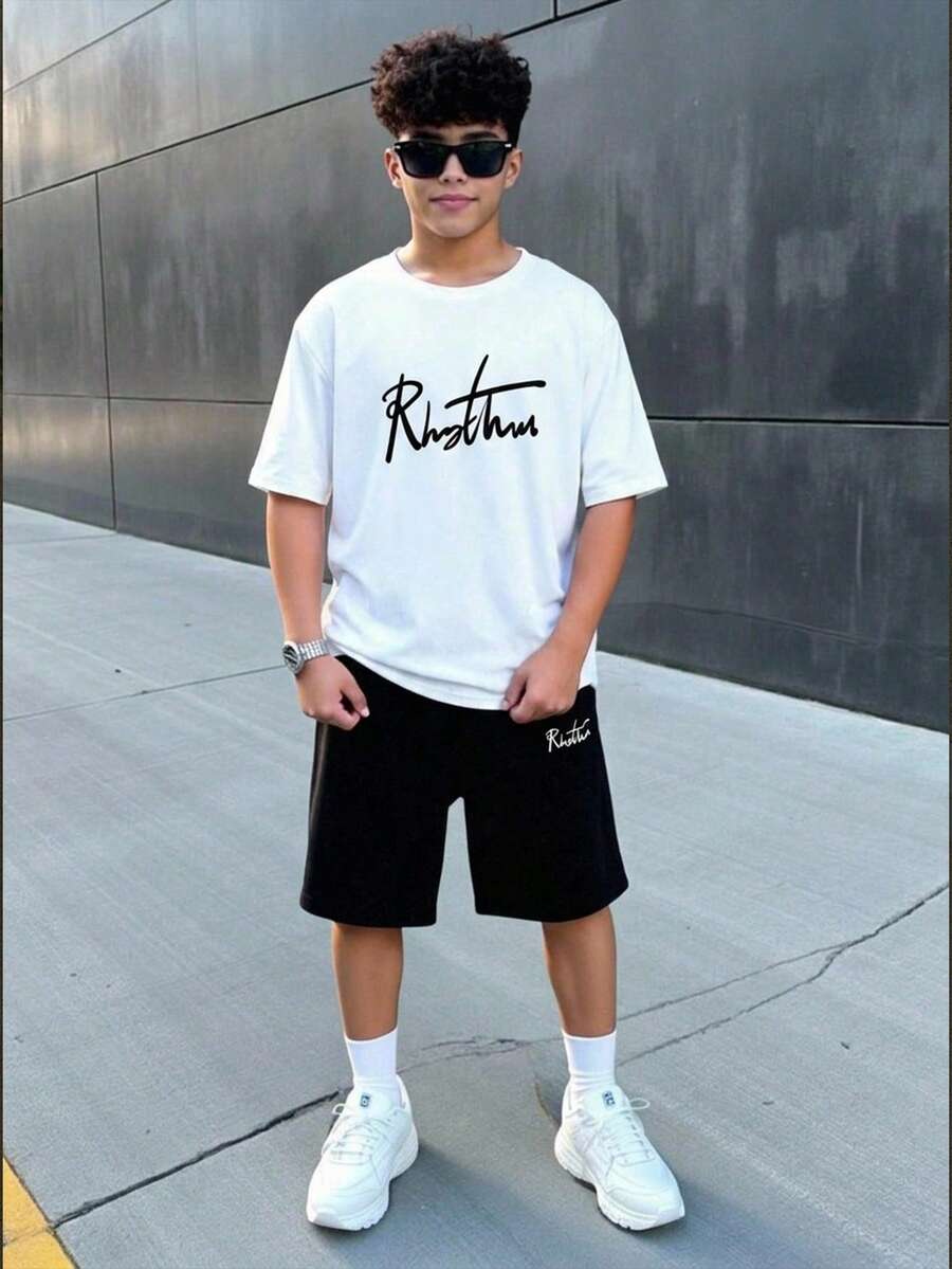 SHEIN 青少年男孩 2件組休閒字母印花短袖短褲套裝，適合生日派對、晚宴、表演、婚禮、洗禮、開幕式，適用日常穿著、上學、旅行、運動，適合春夏穿搭