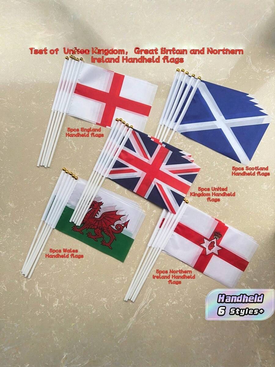 5/15Set UK England Scotland Wales Northern Ireland Colorful Hand Held Flags With 5 Poles 2 Cross Hole Transparent PVC Suction Cups Polyester Fabric For Party Festival Celebration World Cup Euro Outdoor Decoration - A - View 1