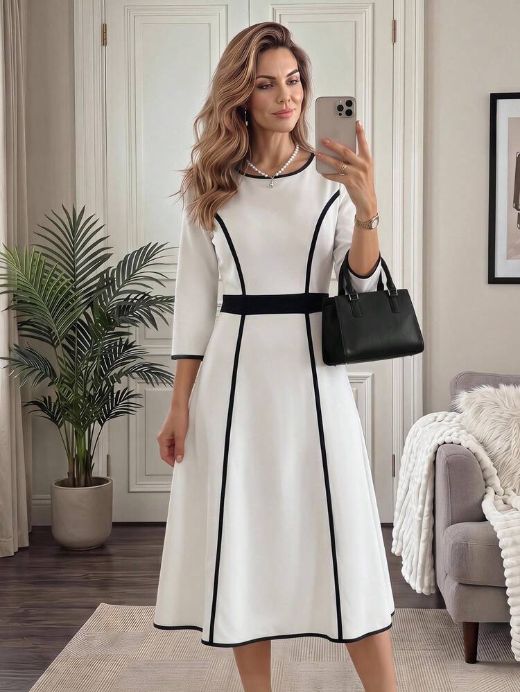 Elegant Commuter Contrast Trim Mid-Length Dress,,Summer Dress,Going Out Dress,White Dress