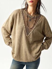 Bohemela Women's Casual Solid Color Knit Crew Neck Long Sleeve Loose Washed Sweatshirt - Brown - View 5