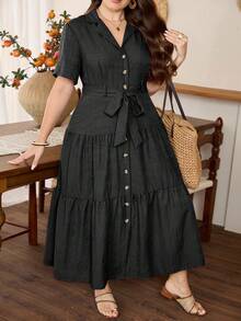 Lacomfia Elegant Waist-Defining Short Sleeve Split A-Line Plus Size Dress, Suitable For All Occasions In Spring And Summer - Black - View 1
